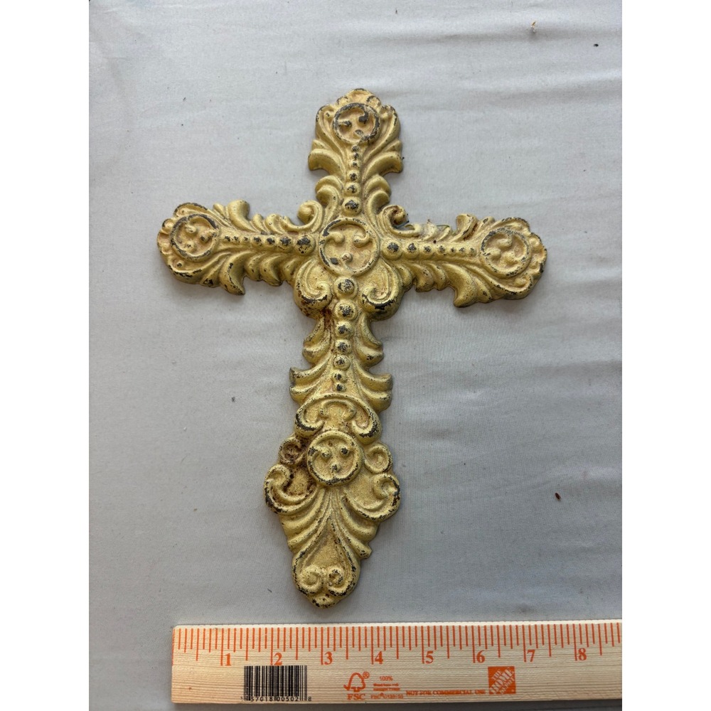 Vintage Cast Iron Wall Cross Ornate Scroll Distressed Gold Cream Religious Decor